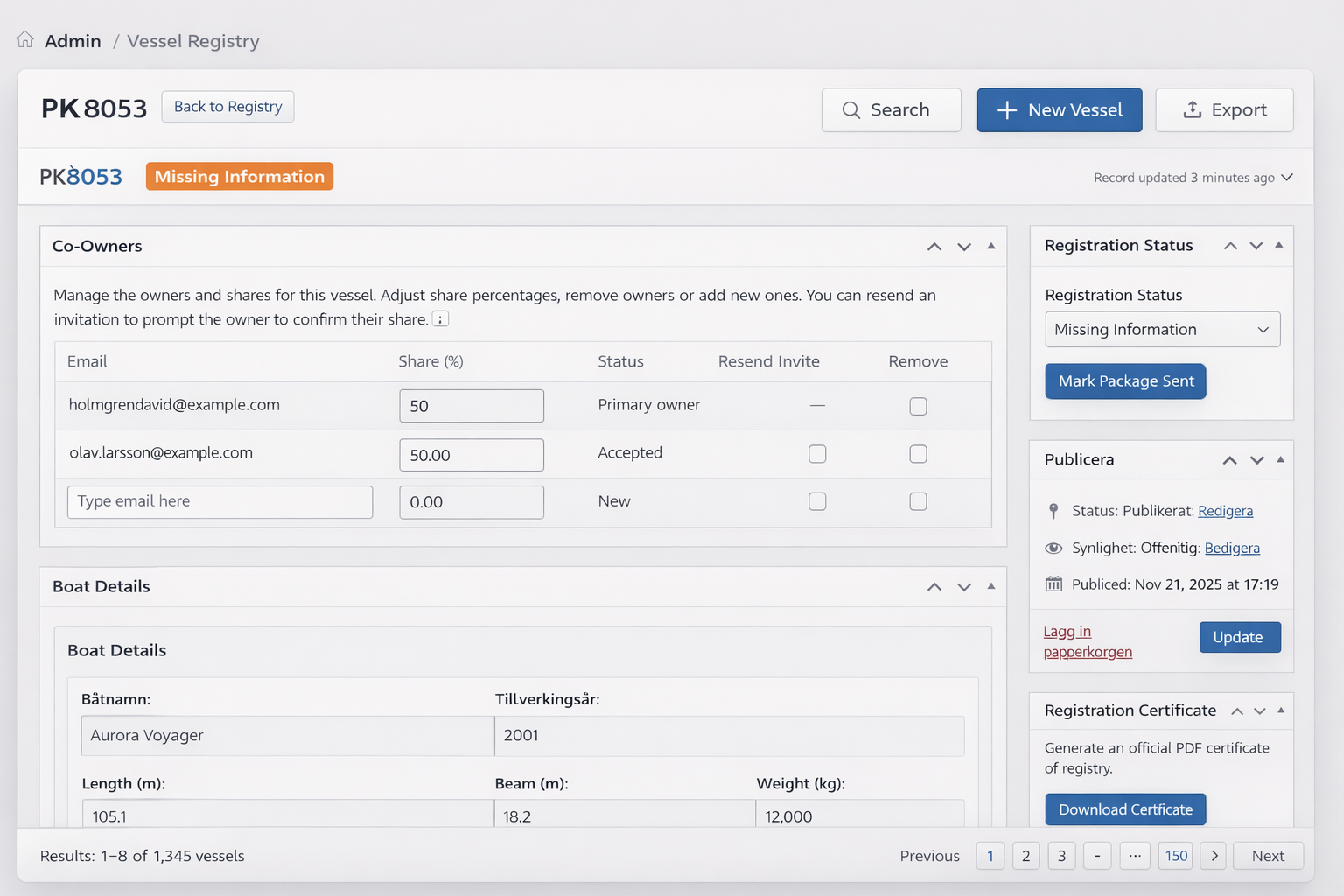 Vessel Record View — identity, owners/operators, changes over time, and provenance